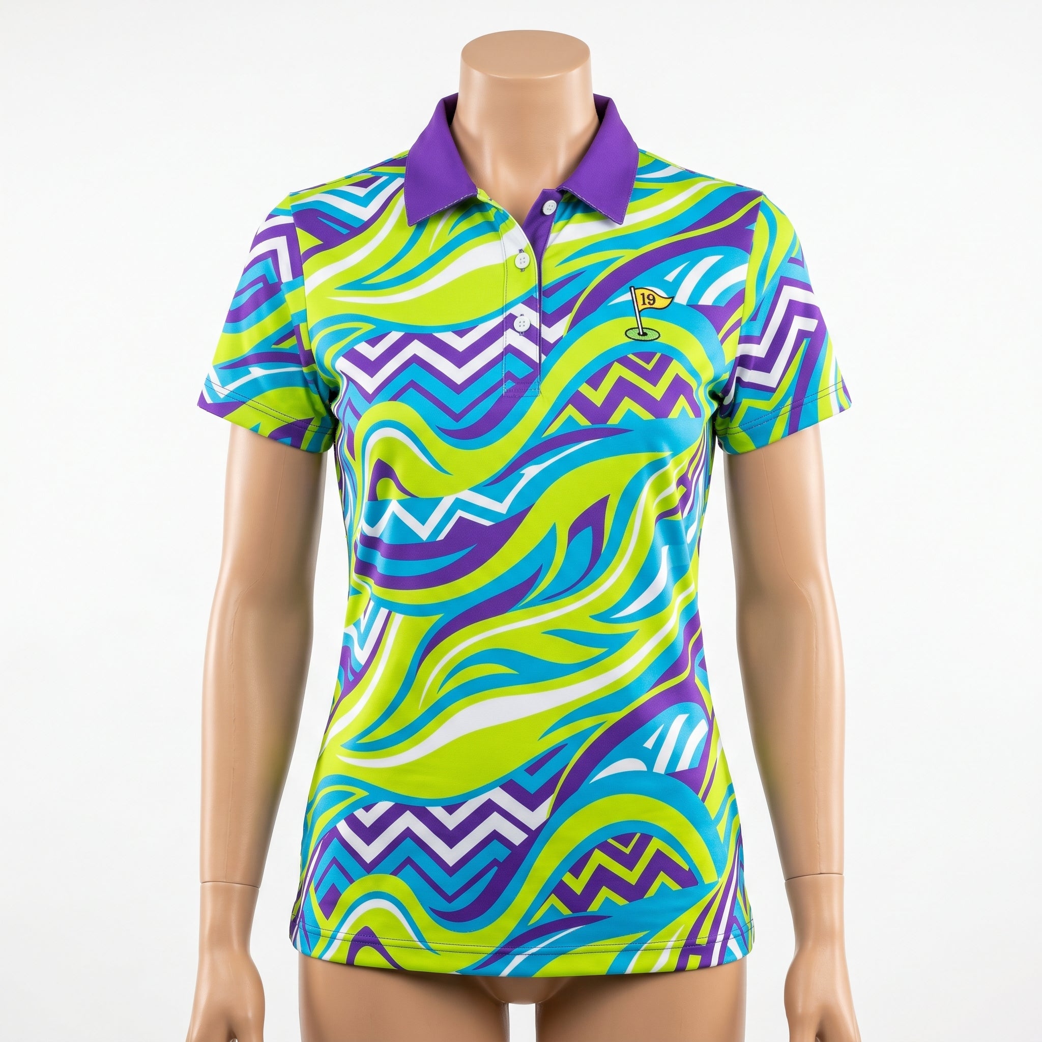 Custom Sublimation Golf Shirt Ladies purple lime wave pattern