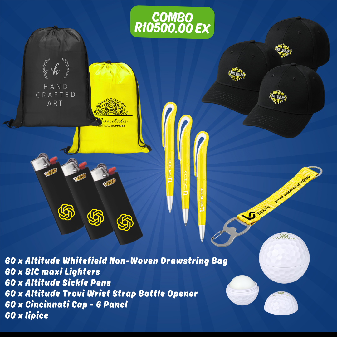 Premium Golf Day Combo — Whitefield Bag, BIC Lighter, Pen, Cap & Lip Ice — 60 Sets
