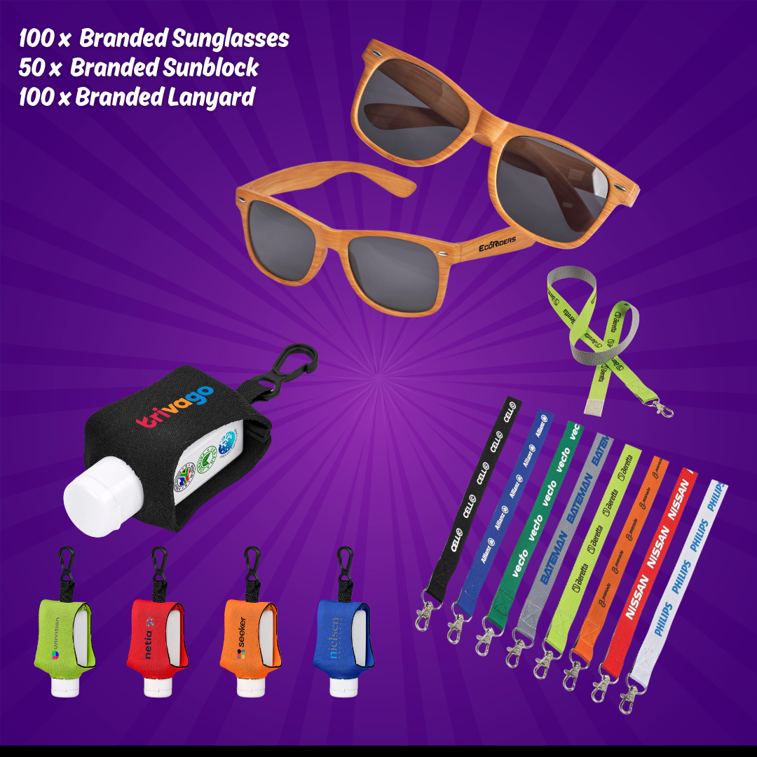 Sunglasses, Sunblock & Lanyard Combo — 100 Sets